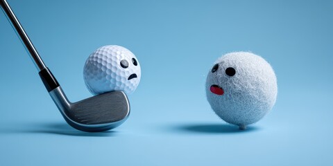 Golf club about to hit a sad golf ball.