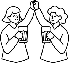 Best friends with beer outline vector illustration, line art