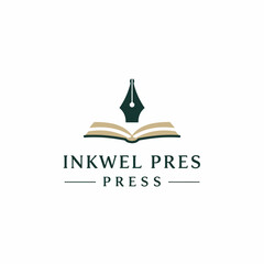 Inkwell Press logo concept: A symbol of knowledge and creation, featuring an open book, elegant ink pen, designed in a clean, modern style and evoking the essence of creative process. 