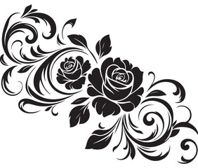 Black Rose Floral Vector Design with Ornamental Swirls and Leaves – Elegant Decorative Flower Illustration for Tattoos, Invitations, and Digital Art