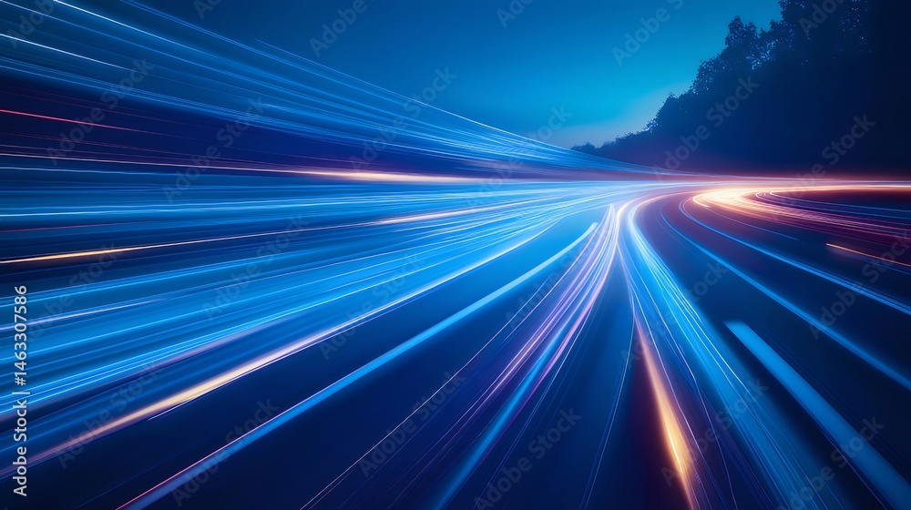 Aufkleber 青と金の光の筋が描く抽象的な高速道路の夜景 ライトトレイル エネルギッシュなモーションブラー効果 デジタルテクノロジーの未来的なコンセプト