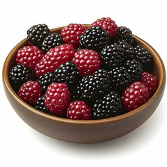Mixed raspberries and blackberries in wooden bowl