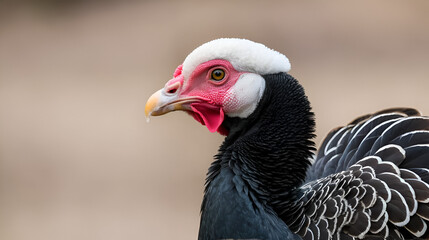 Close up of male turkey with engored snood and fanned tail feathers, Mexico.
