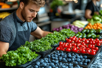 Young Man Arranging Fresh Produce at a Farmers Market