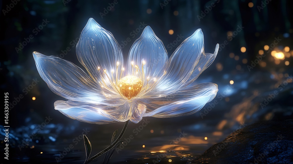 Poster 透明な結晶の花 暗い背景に黄金色の光が輝く幻想的な花のデザイン