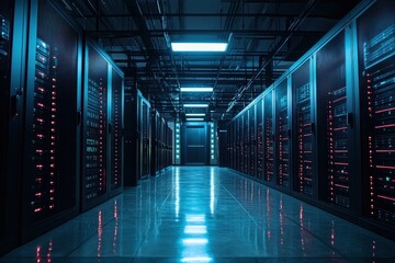 Modern Data Center with Rows of Server Racks and Blue LED Lighting in a High-Tech Environment