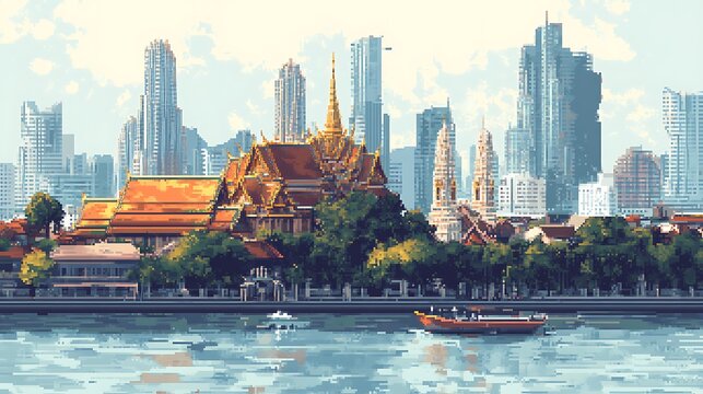 top view pixel art of bangkok