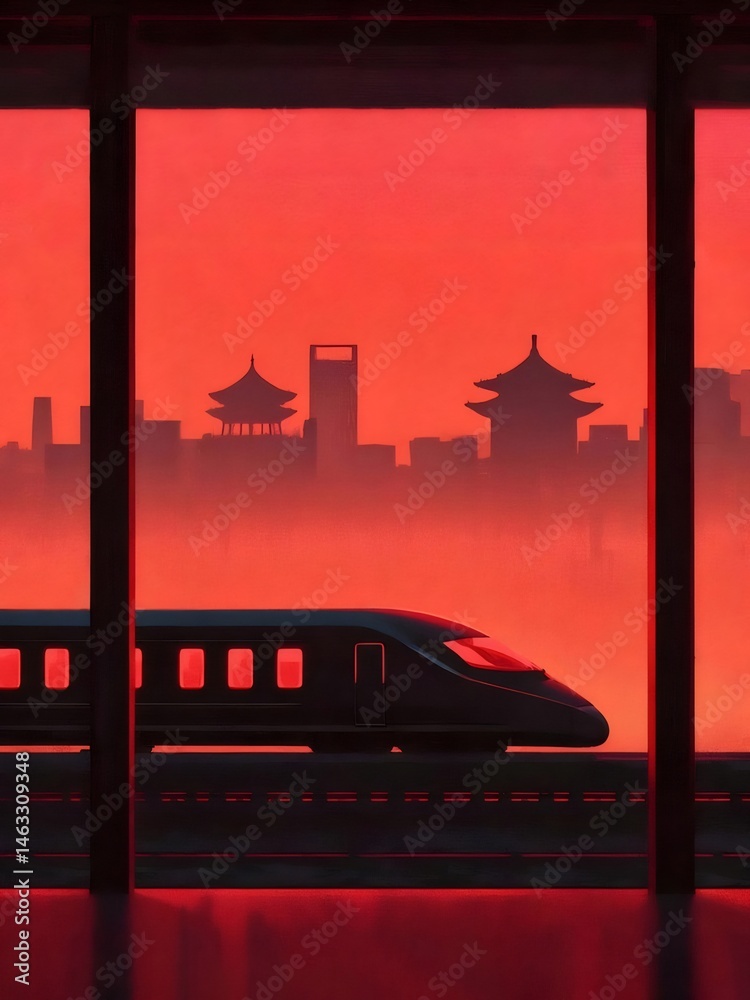 Poster 赤い空の下の都市景観を走る高速列車 シルエットの街並みと近代的な列車が特徴的な背景デザイン