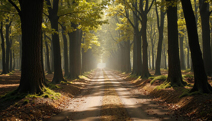 Serene forest pathway lined with tall trees and dappled sunlight filtering through leaves