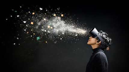 Young Person Wearing a VR Headset Experiencing a Digital Data Stream