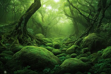 Lush, misty forest path lined with mossy rocks and ancient trees. Sunlight filters through canopy