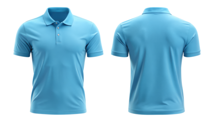 sky blue blank polo t shirt template from two sides isolated on transparent white background, clipping path