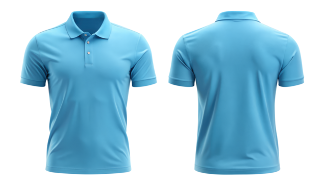 sky blue blank polo t shirt template from two sides isolated on transparent white background, clipping path