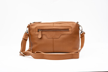 Blank brown leather sling bag for woman isolated on white background, perfect for leather product catalogue