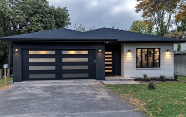 Modern suburban home with dark gray garage door