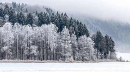 Frosty Winter Landscape With Snow Covered Trees Against Mountainous Background
