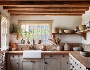 Rustic farmhouse kitchen with exposed wooden beams, open shelving with ceramic dishes, apron-front sink, reclaimed wood cabinetry, and a stone-tile backsplash