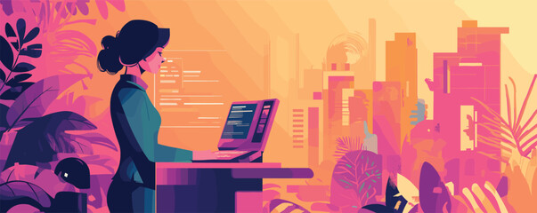 Woman coding on laptop in vibrant cityscape with lush tropical foliage.
