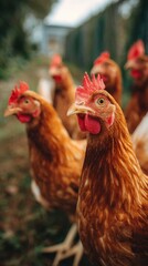 Fototapeta premium Close-up view of several hens in a rural setting.