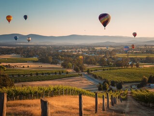 Obraz premium Panoramic view of a rural landscape with hot air balloons.