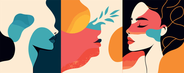 Abstract artistic portraits of diverse women in colorful profiles with bold shapes.
