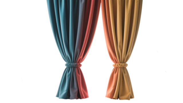 Elegant Velvet Curtains Teal, Burnt Orange, and Mustard Yellow Drapes on PNG/Transparent Background