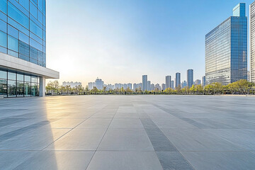 Fototapeta premium Modern cityscape view with office buildings and paved public square