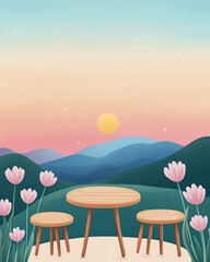 A cozy window view with blooming flowers at sunset A serene landscape featuring a wooden table and chairs surrounded by blooming flowers against a colorful sunset backdrop.