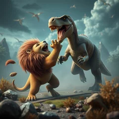 Mythos Fantasiebild: Löwe kämpft gegen einen Dinosaurier - Dino gegen Löwe