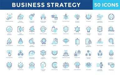 Business Strategy icons set with market positioning, industry benchmarking, competitive intelligence, unique selling proposition, blue ocean strategy icon. Simple outline color vector 
