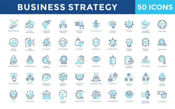 Business Strategy icons set with market positioning, industry benchmarking, competitive intelligence, unique selling proposition, blue ocean strategy icon. Simple outline color vector 

