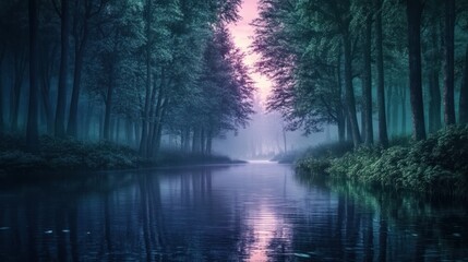 Mystical waterway in a tranquil forest with ethereal light breaking through the trees