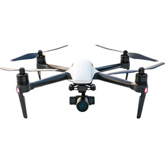 Remote control air drone flying with action camera isolated on transparent or white background.