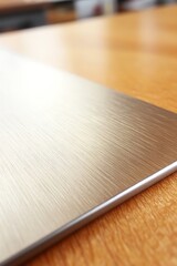 Contemporary brushed metal sheet on wooden surface close up presentation