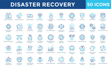 Disaster Recovery icons set with disaster volunteers, emergency hotline, mobile medical, relief supplies, psychological support, humanitarian aid icon. Simple outline color vector 
