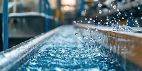 Closeup View of Water Flowing Through a Modern Industrial Water Treatment System, Clean Water Technology,  Efficient Water Management