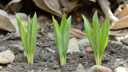 Fototapeta premium Emerging green shoots from the earth. New growth pushing through the soil. Fresh spring sprouts