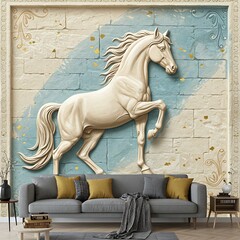 Elegant White Horse 3D Wall Mural, Stone Texture