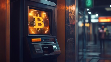 Naklejka premium Bitcoin ATM Machine Glowing in Urban Setting at Night with Digital Currency