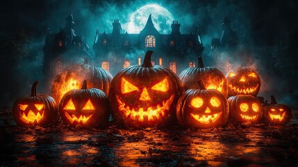 Fototapeta premium Spooky Jack-o'-lanterns illuminated, manor house backdrop