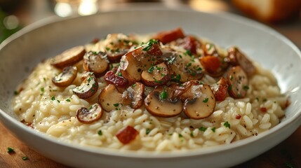 Creamy Mushroom and Bacon Risotto Gourmet Italian Dish Close Up Food Photography