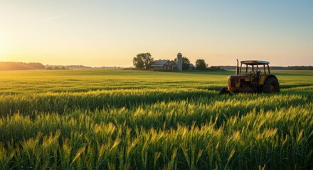 Obraz premium Tractor in green wheat field at golden sunset. Rural farm landscape with grain silo. Agricultural machinery in countryside. Crop cultivation concept. Farming industry background.