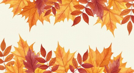 Colorful Autumn Leaves Border on Neutral Background