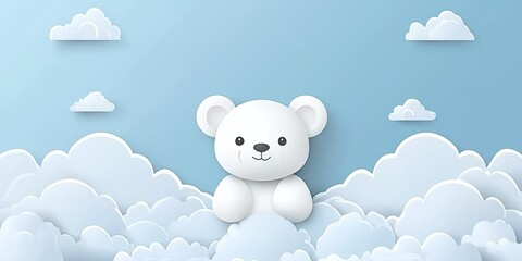 Adorable Polar Bear Cub Amidst Fluffy Clouds: A Dreamy Paper Art Illustration