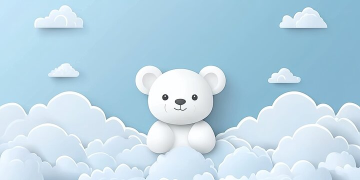 Adorable Polar Bear Cub Amidst Fluffy Clouds: A Dreamy Paper Art Illustration