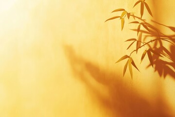 Sunlight casts shadows of bamboo leaves on a warm wall