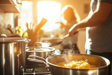 A sunny kitchen with pots and pans on the stove. A father and son are preparing spaghetti while the mother sets the table in the background