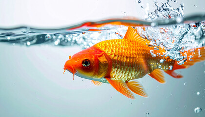 Swimming goldfish action shot in clear water aquatic environment close-up viewpoint