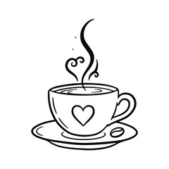Steaming Cup and Saucer with Heart Design. Coffee Bean and Heart Shaped Steam Sketch.
