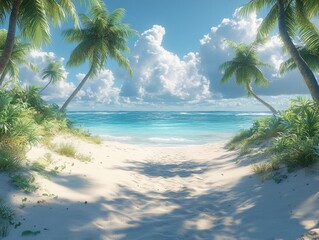 Tropical Beach Paradise Palm Trees with Ocean, and Sand.